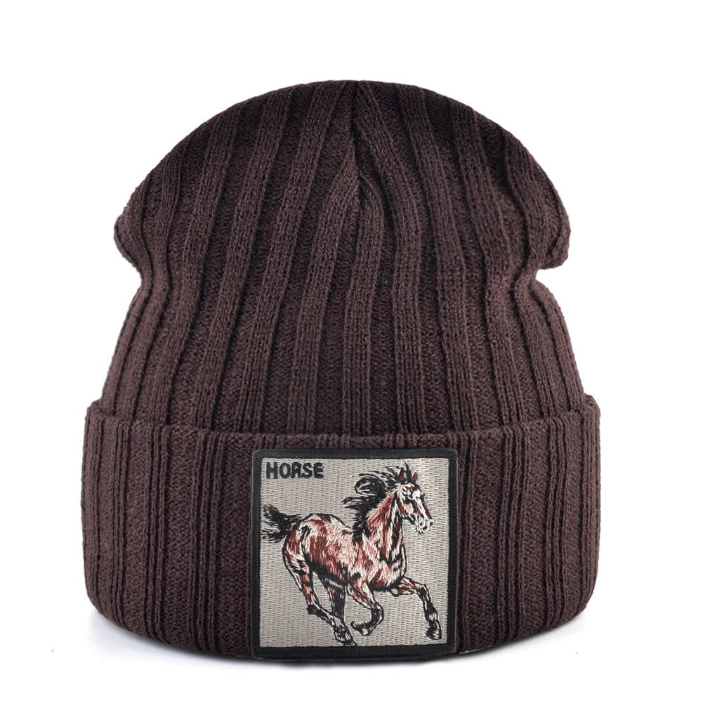 Horse Embroidered Knit Beanie – Classic Streetwear Winter Hat for Men & Women