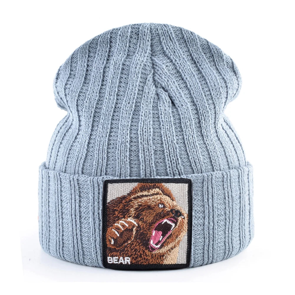 Embroidered Bear Knit Beanie – Stylish Winter Streetwear Hat for Men & Women