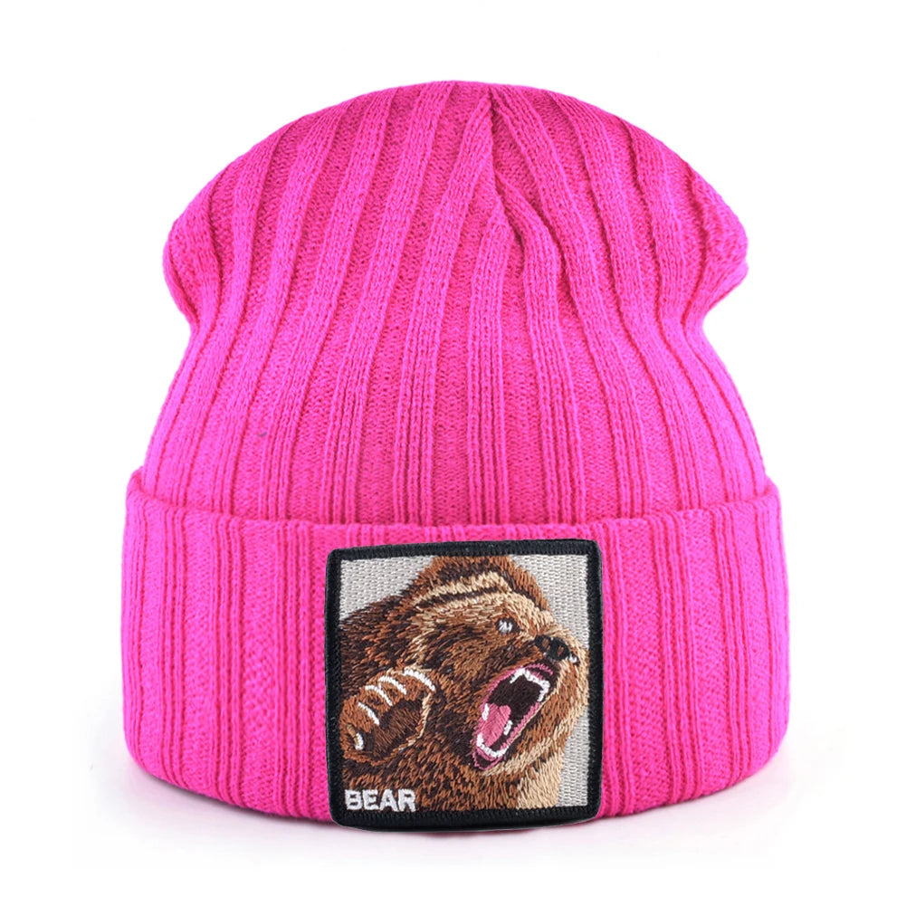 Embroidered Bear Knit Beanie – Stylish Winter Streetwear Hat for Men & Women