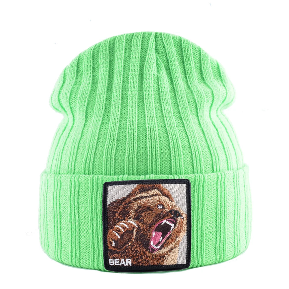 Embroidered Bear Knit Beanie – Stylish Winter Streetwear Hat for Men & Women