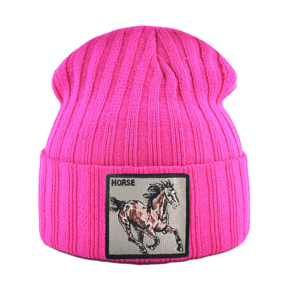 Horse Embroidered Knit Beanie – Classic Streetwear Winter Hat for Men & Women