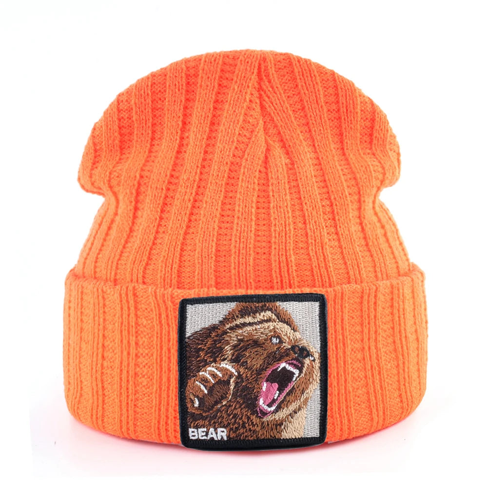 Embroidered Bear Knit Beanie – Stylish Winter Streetwear Hat for Men & Women