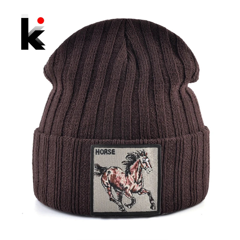 Horse Embroidered Knit Beanie – Classic Streetwear Winter Hat for Men & Women