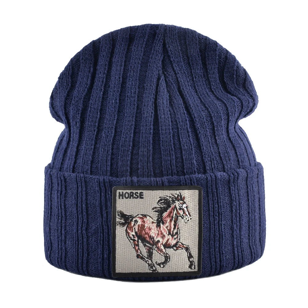 Horse Embroidered Knit Beanie – Classic Streetwear Winter Hat for Men & Women