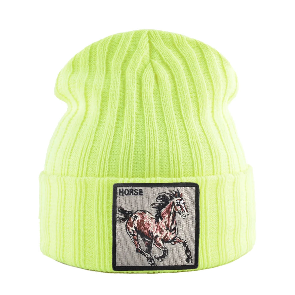 Horse Embroidered Knit Beanie – Classic Streetwear Winter Hat for Men & Women