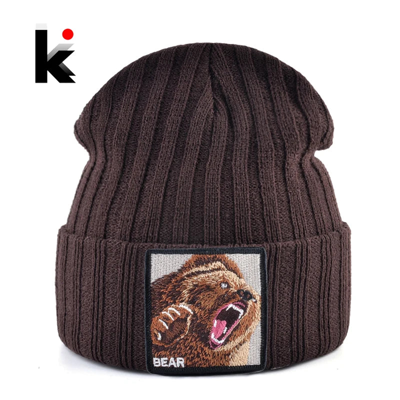 Embroidered Bear Knit Beanie – Stylish Winter Streetwear Hat for Men & Women