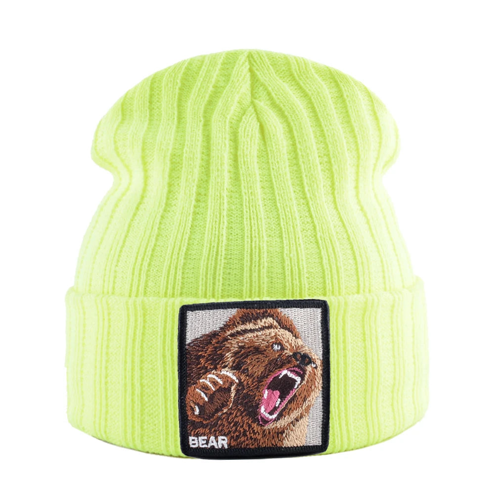 Embroidered Bear Knit Beanie – Stylish Winter Streetwear Hat for Men & Women