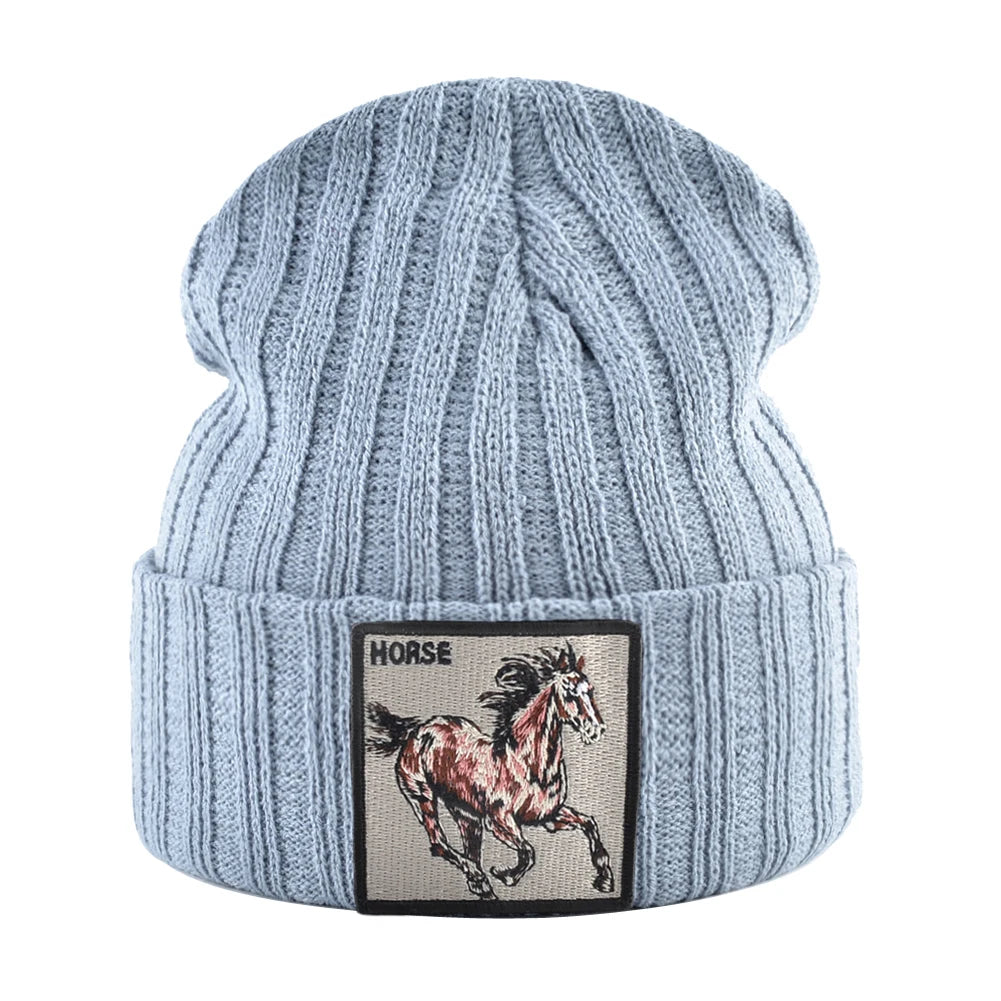 Horse Embroidered Knit Beanie – Classic Streetwear Winter Hat for Men & Women