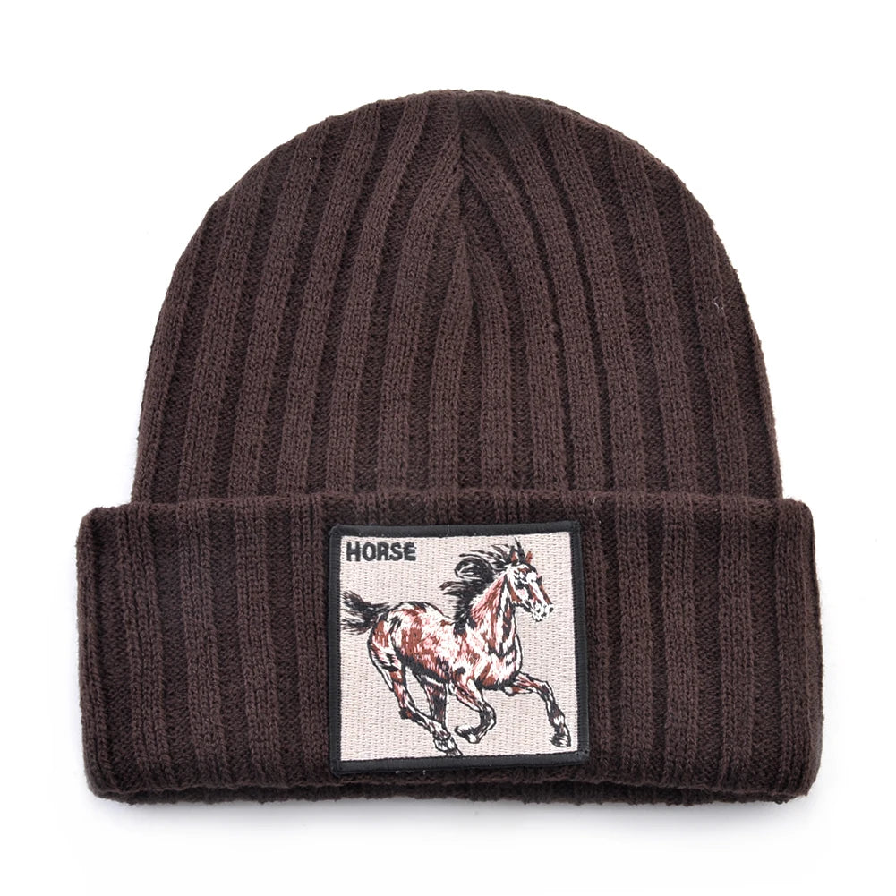 Horse Embroidered Knit Beanie – Classic Streetwear Winter Hat for Men & Women