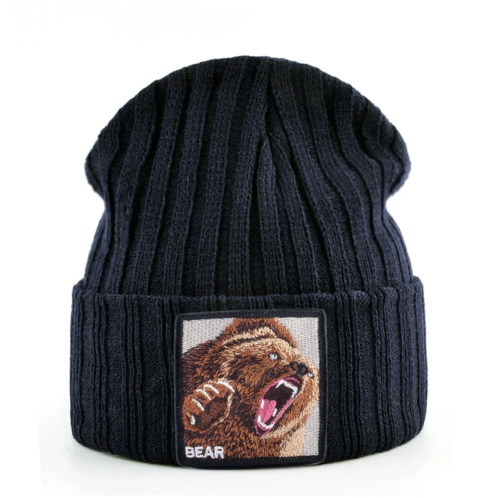 Embroidered Bear Knit Beanie – Stylish Winter Streetwear Hat for Men & Women