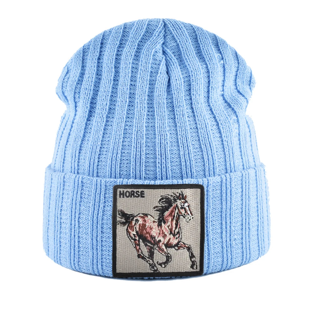 Horse Embroidered Knit Beanie – Classic Streetwear Winter Hat for Men & Women