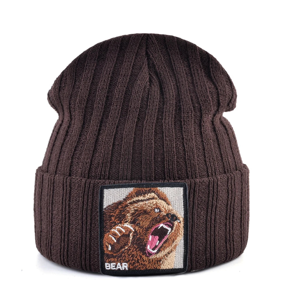 Embroidered Bear Knit Beanie – Stylish Winter Streetwear Hat for Men & Women