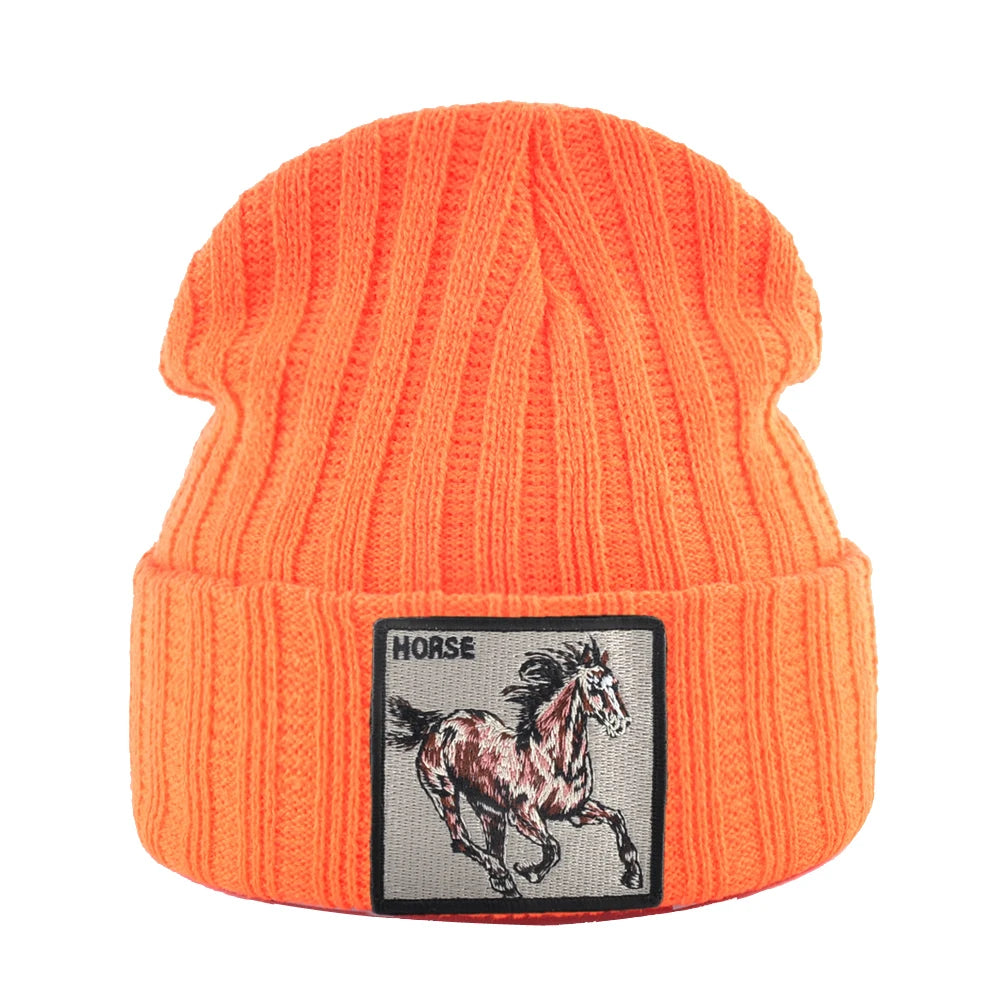 Horse Embroidered Knit Beanie – Classic Streetwear Winter Hat for Men & Women