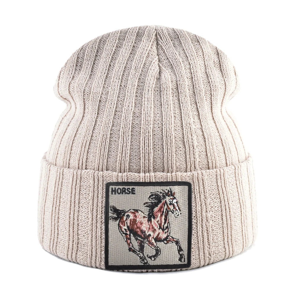 Horse Embroidered Knit Beanie – Classic Streetwear Winter Hat for Men & Women