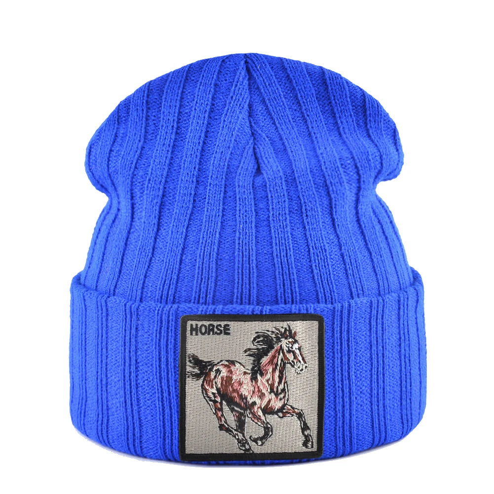 Horse Embroidered Knit Beanie – Classic Streetwear Winter Hat for Men & Women