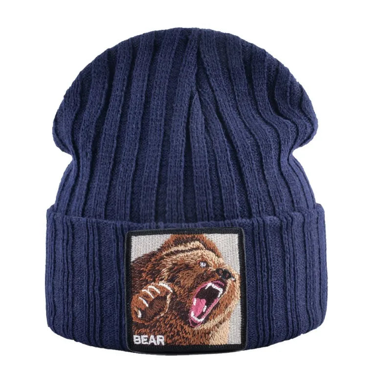 Embroidered Bear Knit Beanie – Stylish Winter Streetwear Hat for Men & Women