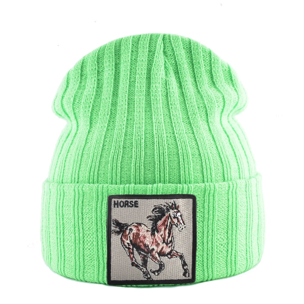Horse Embroidered Knit Beanie – Classic Streetwear Winter Hat for Men & Women