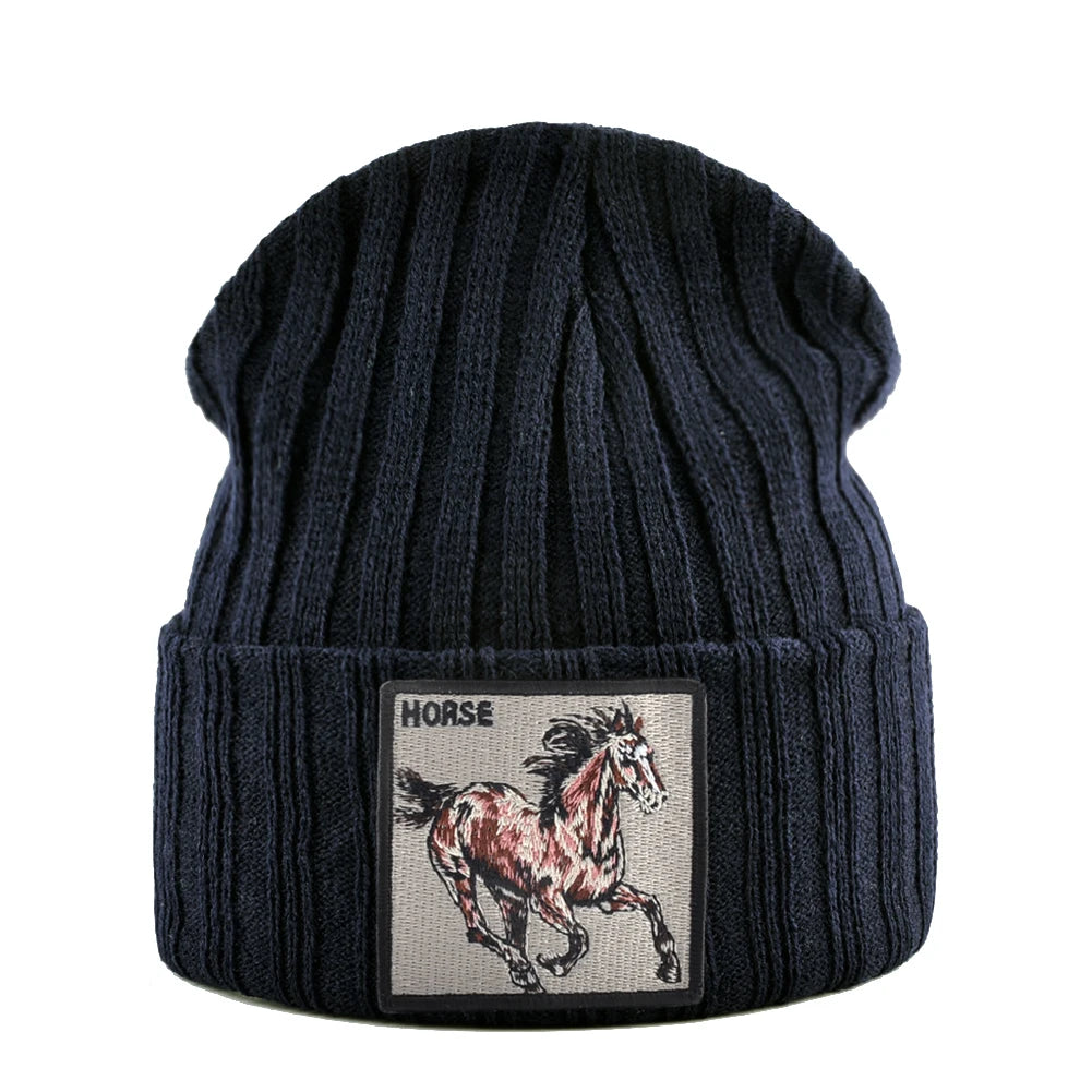 Horse Embroidered Knit Beanie – Classic Streetwear Winter Hat for Men & Women