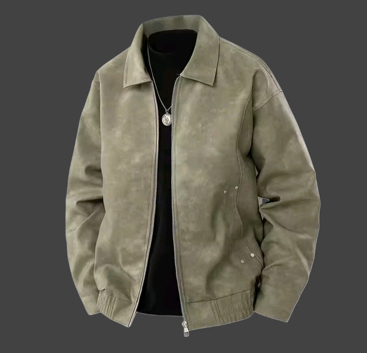 Men’s Washed PU Leather Jacket – Vintage Casual Zip-Up Coat
