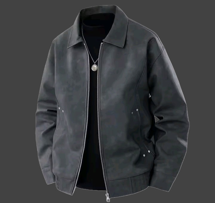 Men’s Washed PU Leather Jacket – Vintage Casual Zip-Up Coat