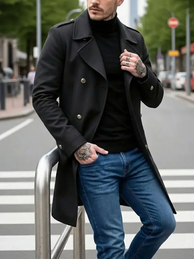 Jacket-Foiled Coat-Overcoat For Men Early Autumn Plus Thick Woolen, Double-Breasted Casual Commute & Outdoor Travel New Arrival
