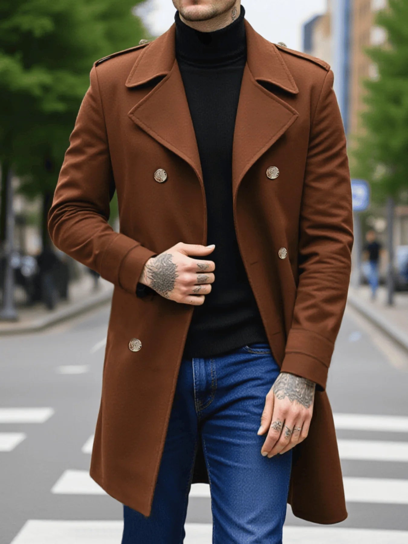 Jacket-Foiled Coat-Overcoat For Men Early Autumn Plus Thick Woolen, Double-Breasted Casual Commute & Outdoor Travel New Arrival