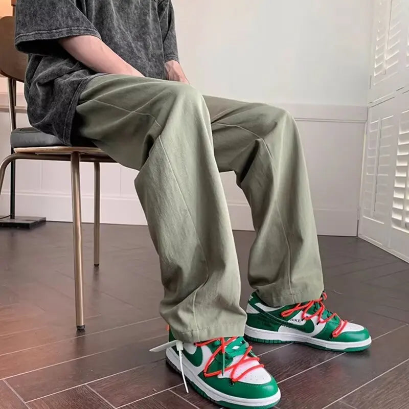 Pants Men's Summer New Cotton Loose Casual Pants Men's Fashion Solid Color Straight Wide Leg Pants