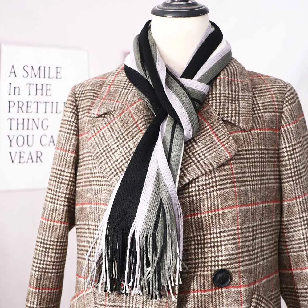 Men’s Knit Winter Scarf – Warm Striped Tassel Shawl for Cold Weather
