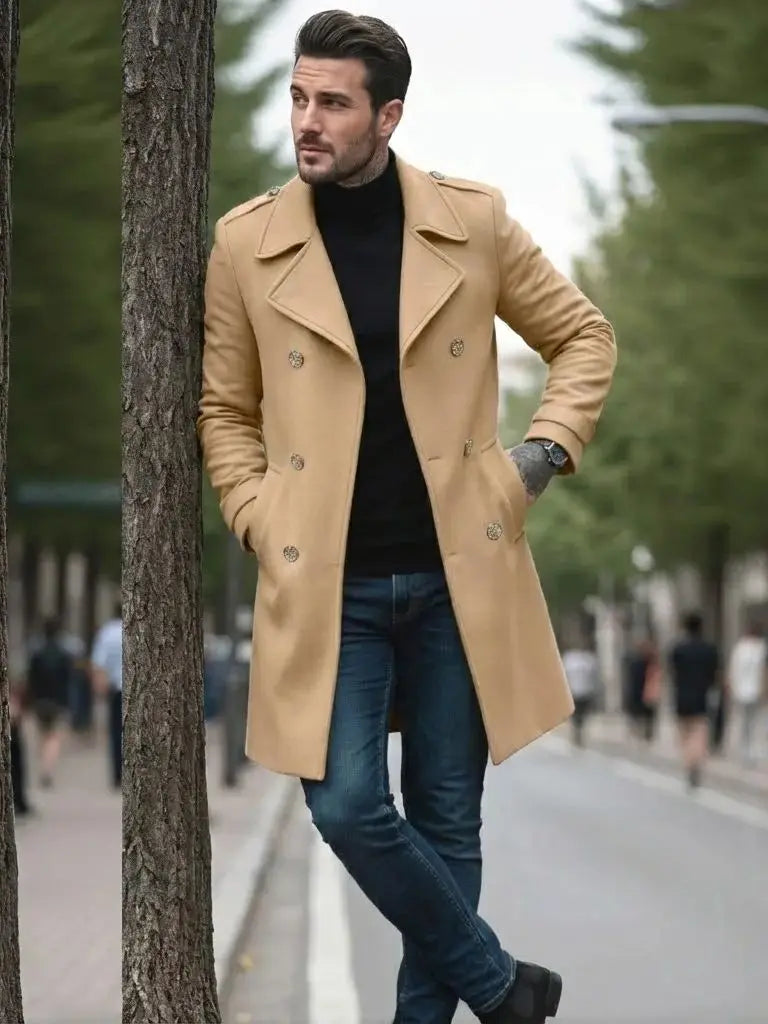 Jacket-Foiled Coat-Overcoat For Men Early Autumn Plus Thick Woolen, Double-Breasted Casual Commute & Outdoor Travel New Arrival
