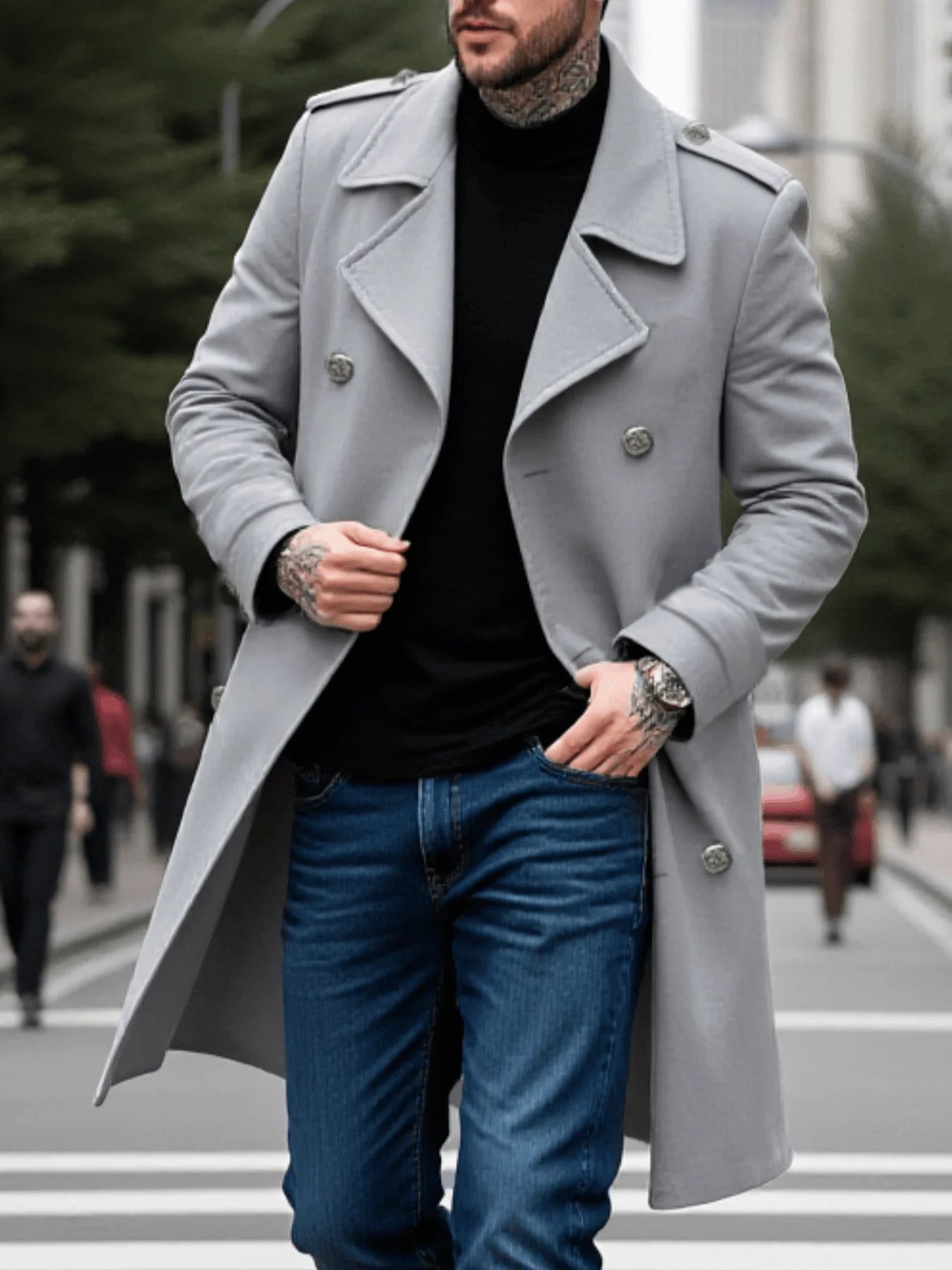 Jacket-Foiled Coat-Overcoat For Men Early Autumn Plus Thick Woolen, Double-Breasted Casual Commute & Outdoor Travel New Arrival