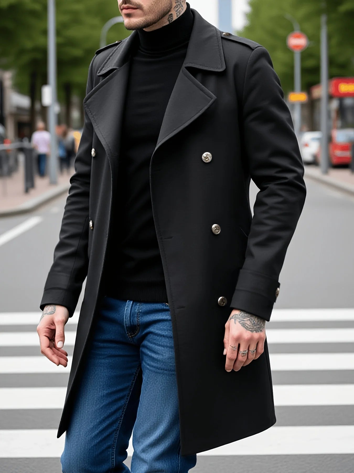 Jacket-Foiled Coat-Overcoat For Men Early Autumn Plus Thick Woolen, Double-Breasted Casual Commute & Outdoor Travel New Arrival